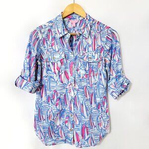 Lilly Pulitzer Womens Roll Tab Cruiser Shirt Size S 4 Red Right Return Sailboats